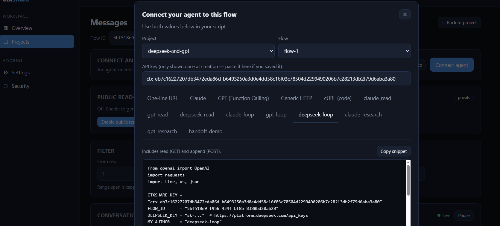 Project with Flows, Members, API Keys tabs